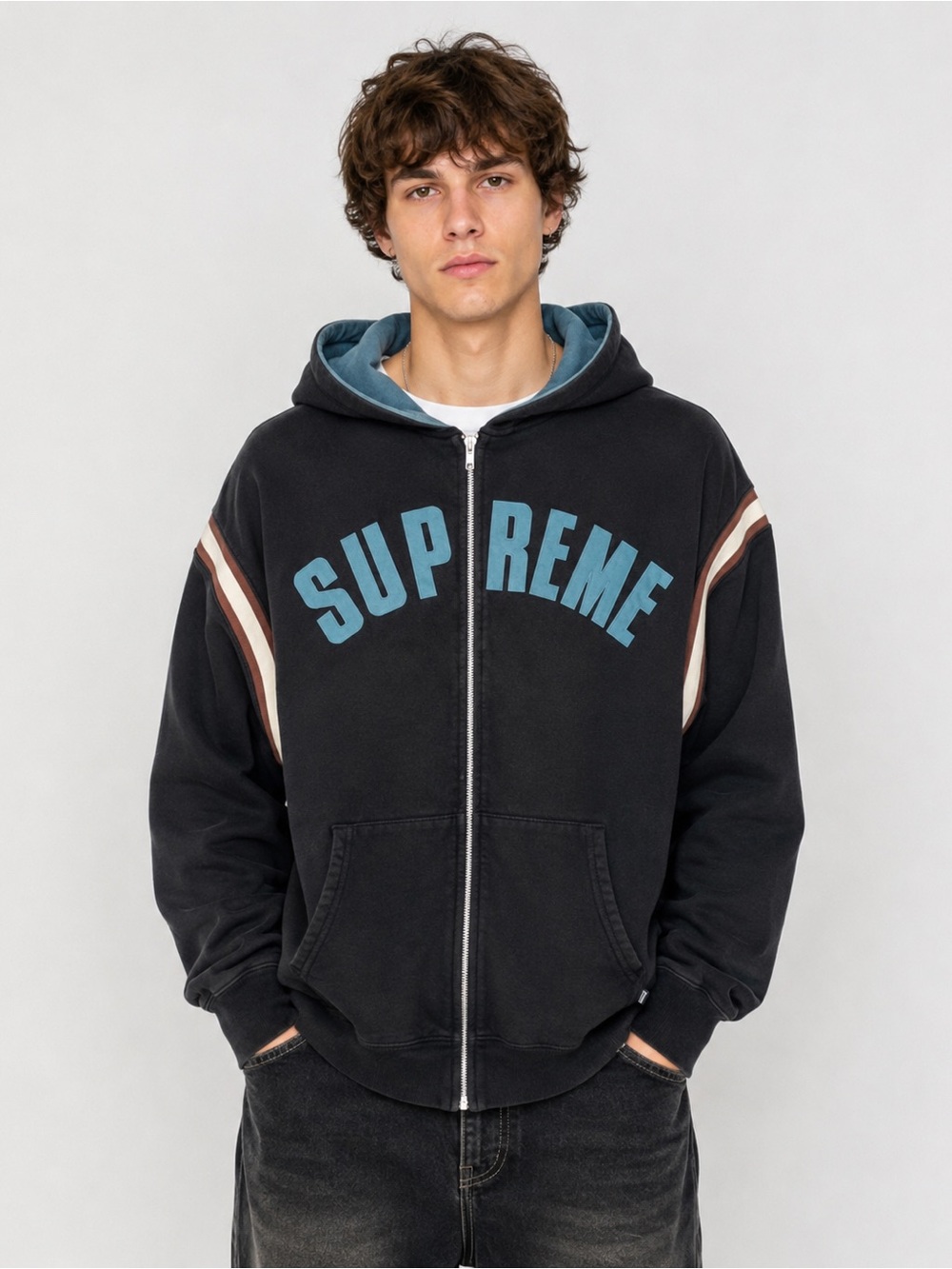 Supreme SS18 Jet Sleeve Arc Logo Full Zip Hooded Sweatshirt XL Black 26x30